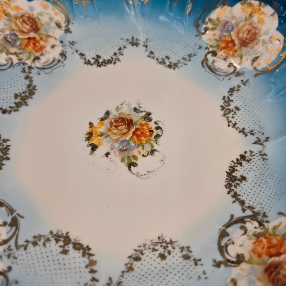 Antique German Porcelain Bowl Teal Blue Ombre Roses Gold Scrollwork Crown Mark - Picture 3 of 9